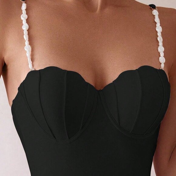 Black Cute Women's Iridescent Faux Pearl Decorated One-Piece Swimsuit - Picture 5 of 7